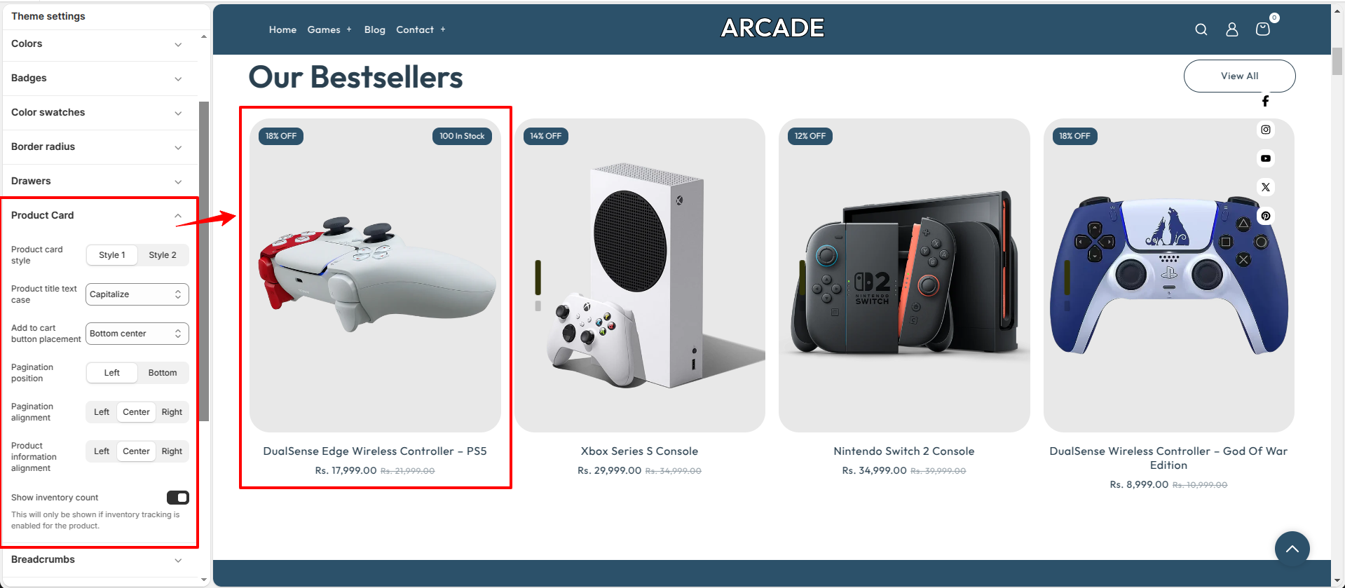 Product Card settings