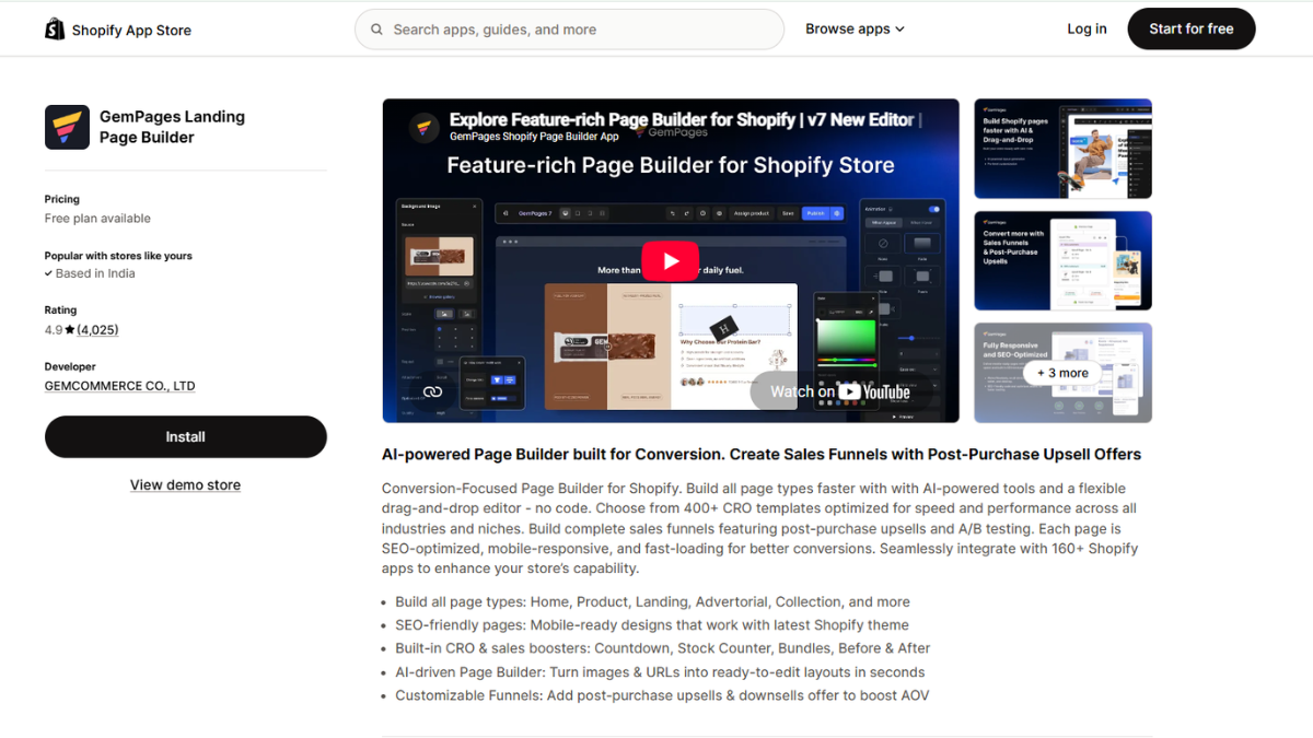 GemPages Shopify page builder app