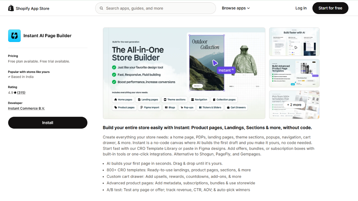 Instant AI Shopify page builder app