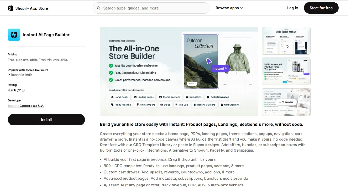 Instant AI Shopify page builder app