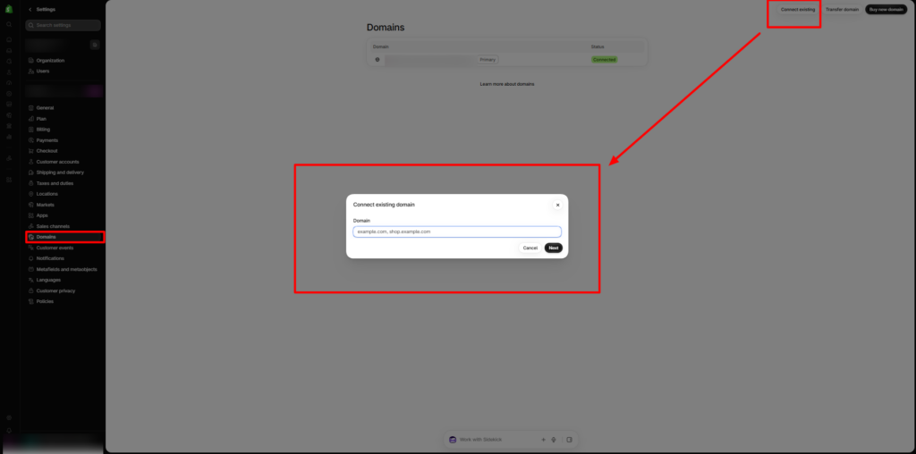 Select Connect Existing Domain